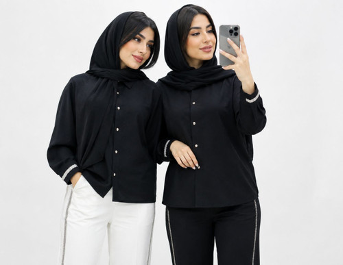 شومیز kalej تک رنگ مشکی،استین بلند،جنس کرپ الیزه،مچ کار شده زنانه