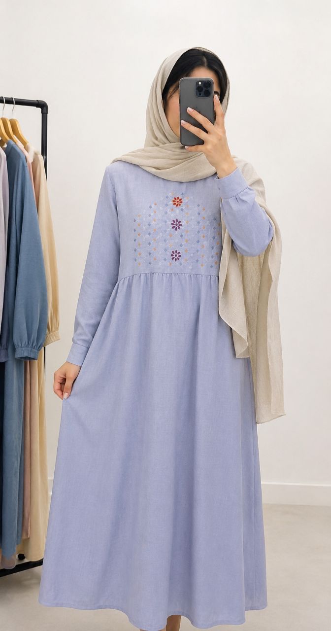 پیراهن  زنانه مدل یکتا آستین بلند گلدوزی شده جنس شانتون سوفیا